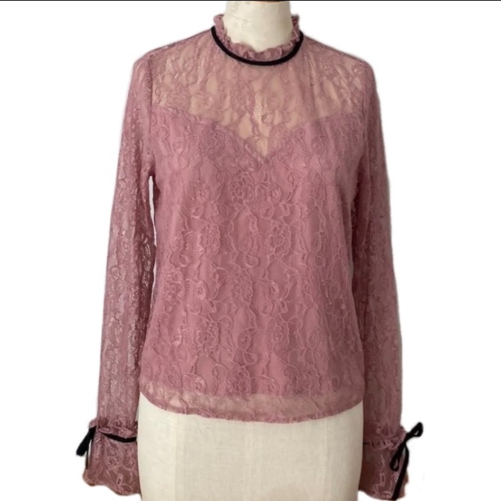 After Market rose coloured long sleeved lace blouse. Elastic at wrists. Size S
